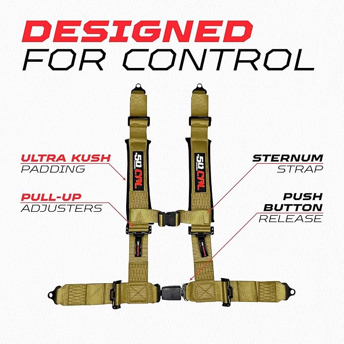 1pc 50 Cal Gold 4 Point Harness 3in Straps, Racing Harness Seat Belt | Ultra Kush padding, Push Button quick release hardware. Universal Fit for UTV, RZR, race car.