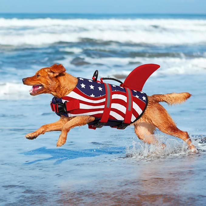 Shark Dog Life Vest for Swimming, Pet Life Vests for Boating, High Buoyant DogLife Jacket, Ripstop High Flotation Swimsui for Small, Medium, Large Dogs (USA Flag,XS)