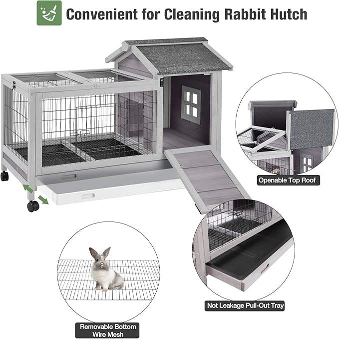 Wooden Rabbit Hutch Indoor and Outdoor, Rabbit Cage with Removable Wire Netting and Leak Proof Tray, Mobile Bunny Cage with Wheels (Grey)