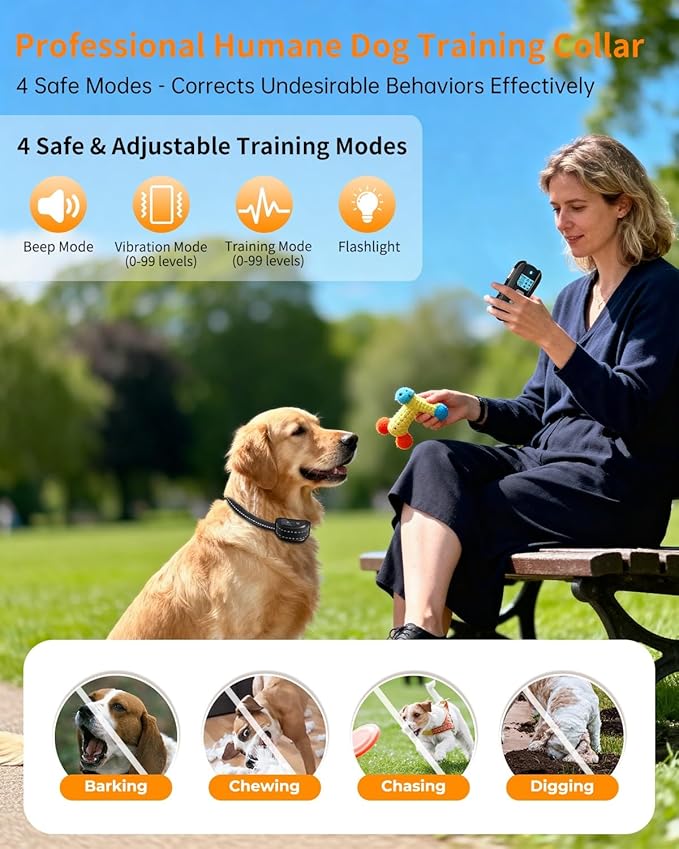 Dog Shock Collar with Remote Control – Shock Collar for Dogs 10–120 lbs, 2000FT Long Range IPX7 Waterproof Rechargeable Dog Training Collar with 4 Safe Modes Beep Vibration Shock & Flashlight Blk