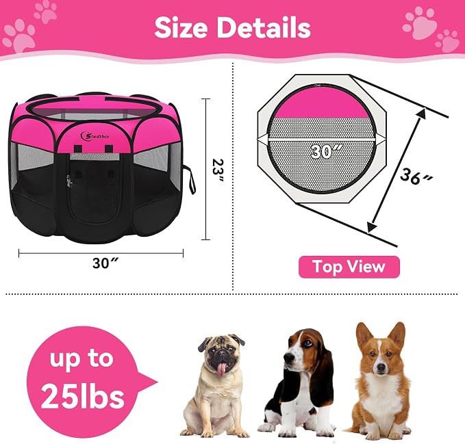 Siedihit Dog Playpen, Medium Puppy Pet Playpen, Dog Crate Tent Cage Indoor | Outdoor, Portable Pop Up Dogs Kennel Playpen with Carrying Case for Dogs/Cats/Rabbits, Hot Pink