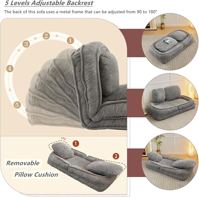 Foldable Lazy Sofa Bed with 5 Levels Adjustable Backrest, Gray | Comfy Upholstered Human Dog Bed for Adults and Pets, Lazy Floor Lounger with 2 Soft Cushions for Living Room Bedroom