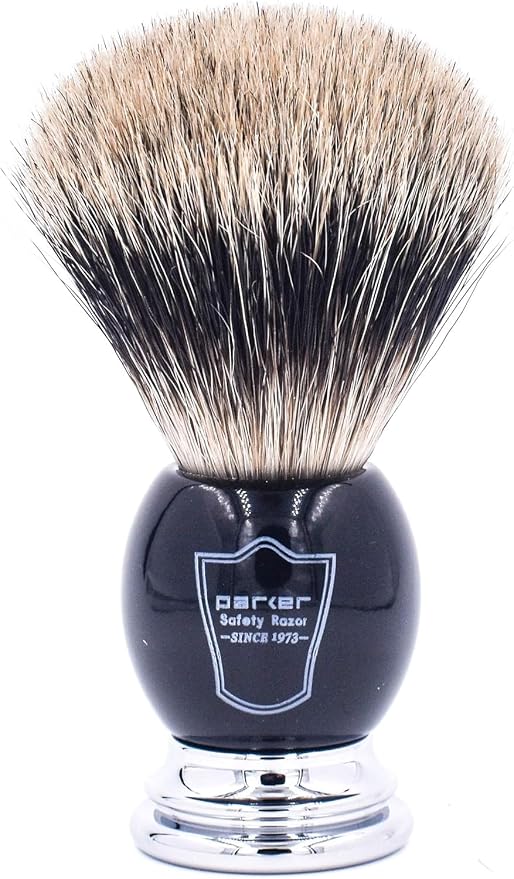 Parker 3-Band Pure Badger Shaving Brush with Stand – Black & Chrome Handle | 22mm Knot | Rich Lather for Soap & Cream | Handcrafted Wet Shaving Brush for Men | Premium Grooming Tool