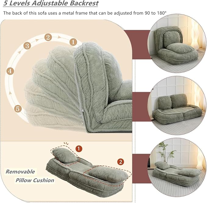 Foldable Lazy Sofa Bed with 5 Levels Adjustable Backrest, Green | Comfy Upholstered Human Dog Bed for Adults and Pets, Lazy Floor Lounger with 2 Soft Cushions for Living Room Bedroom