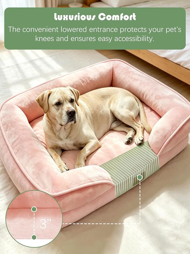 Spotted Play Orthopedic Dog Bed with Sides - Sofa Beds for Extra Large Dogs, Supportive Foam Pet Couch Bed with Washable Removable Cover, Waterproof Lining and Non-Slip Bottom, Pink - XL
