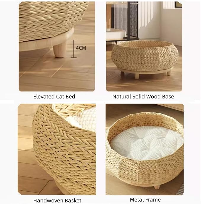 SHENGOCASE Extra Large Handwoven Paper Rope Wicker Rattan Pet Cat Dog Nest Basket Bed, Elevated Couch with Wooden Base, Cozy Cushion for Maine Coon, Indoor