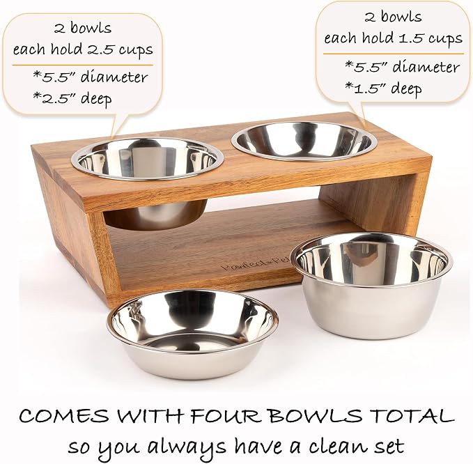 4" Tall Elevated Dog Bowls for Small Dogs, Food and Water Bowl Set by Pawfect Pets (Acacia)