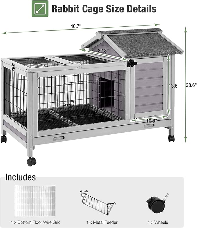 Wooden Rabbit Hutch Indoor and Outdoor, Rabbit Cage with Removable Wire Netting and Leak Proof Tray, Mobile Bunny Cage with Wheels (Grey)