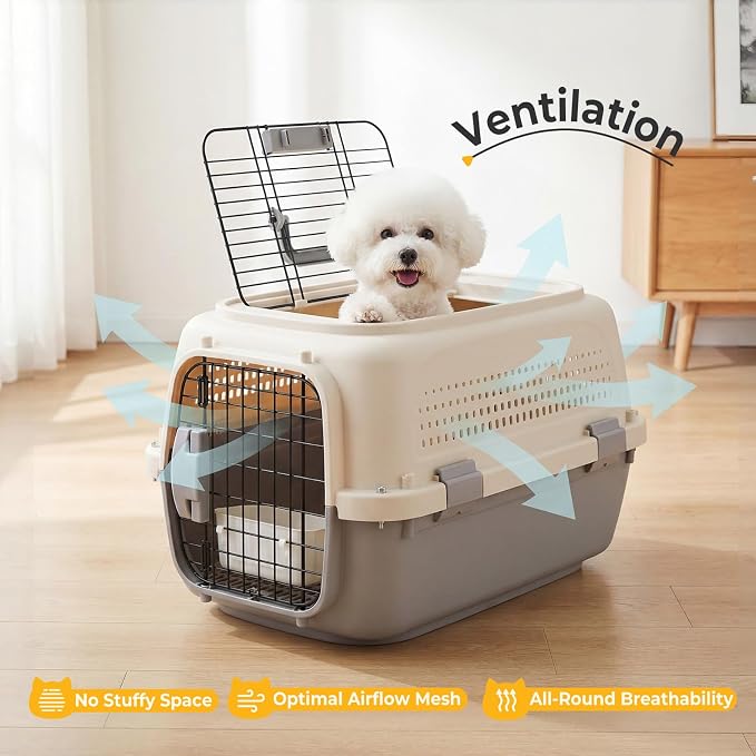 NEWBULIG 23" Hard-Sided Dog Carrier, Plastic Cat & Dog Crate, 4-Sided Ventilation Travel Pet Kennel, Top & Front Door Access, Integrated Food Bowl, for Small Pets up to 22 lbs - Beige & Grey