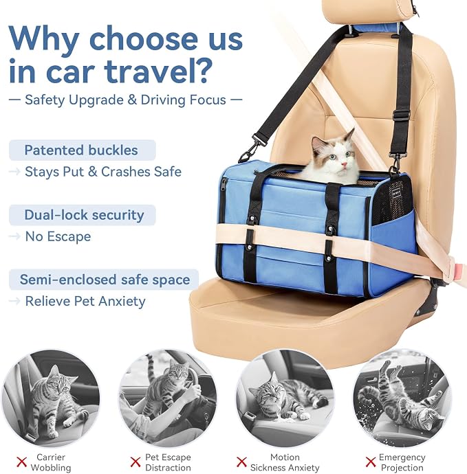 PETSFIT Cat Carrier Soft with Patented Safety Buckles, Safe for Car Travel | Lockable Zippers, Safety Tether, Escape-Resistant Pet Carrier for Vet Visits, Airline Approved Under-Seat, Up to 12 lbs