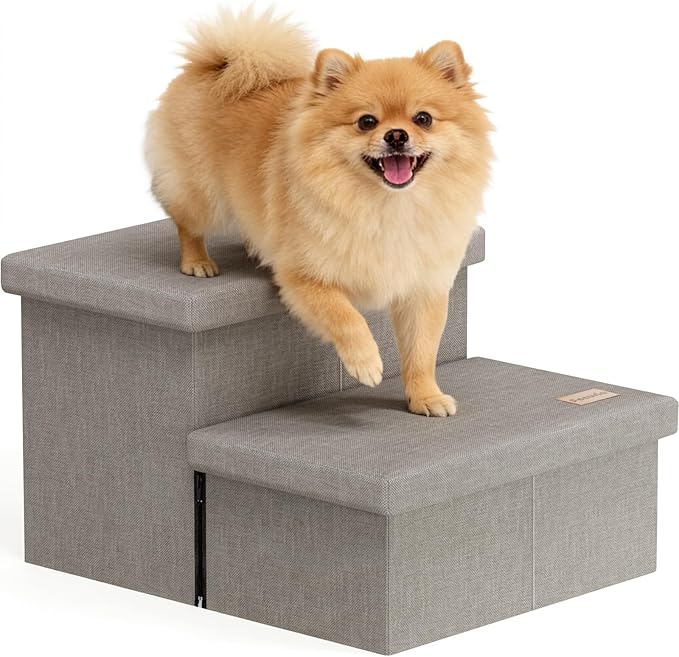 2-Step Wide Dog Stairs with Storage 11" H, Non-Slip Sturdy Pet Steps for Couch Chair, Dog Steps for Small/Medium Old Dogs, Cats, Rabbits Up to 150lbs, Foldable Cat Puppy Stairs for Car, Grey