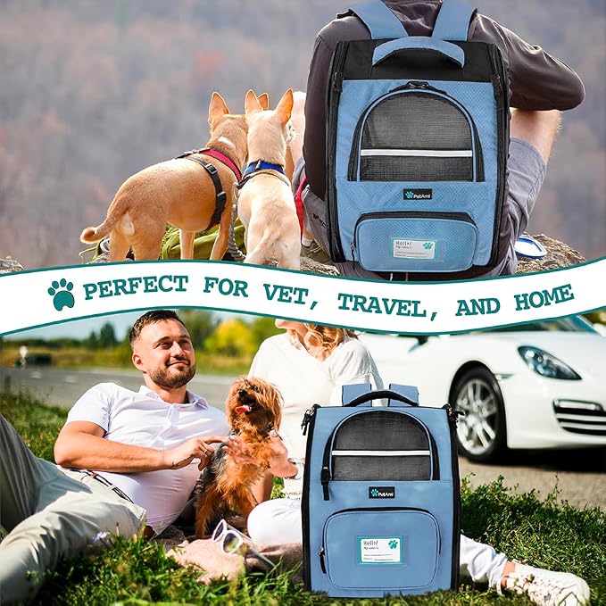 PetAmi Dog Backpack Carrier Airline Approved Cat Pet Puppy Bag, Light Blue | Ideal for Small Medium Large Pet up to 18 lb, 2 Side Entry Structured No-Collapse Frame, Ventilated Bookbag for Hiking Travel