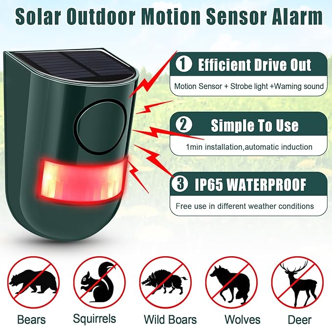 Qualirey 6 Pack Solar Sound and Light Alarm Motion Sensor 129db Outdoor Security Siren Waterproof Motion Activated Detector Alarm 6 LEDs Flash Warning Strobe System for Home, Farm (Green)
