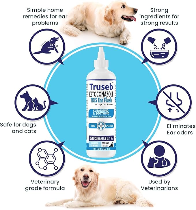Truseb trizmax EDTA (Tromethamine USP, Disodium Edta) Ketoconazole Flush Dog Ear Flush Ketoconazole Dog Ear Wash, Cats and Horses, Ketoconazole Tris Ear Flush for Dogs (Ketoconazole Ear Flush, 12 oz)