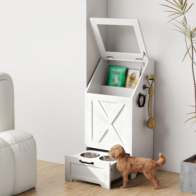 Dog Feeding Station with Storage Cabinet and 2 Elevated Dog Bowls, Hidden Pet Food Storage Organizer for Dog &Cat, Modern Dogs Furniture, White