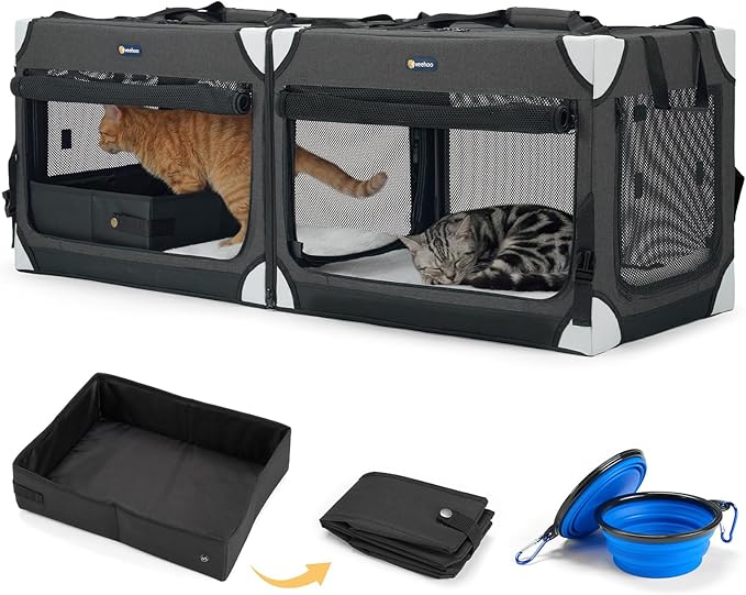 Veehoo Extra Large Cat Travel Carrier with Litter Box for 2 Cats, 48 inch Collapsible Dog Crate for Small Medium Dogs, 2 in 1 Cat Pet Puppy Kitten Foldable Car Carrier Soft Sided for Road Trip, Black