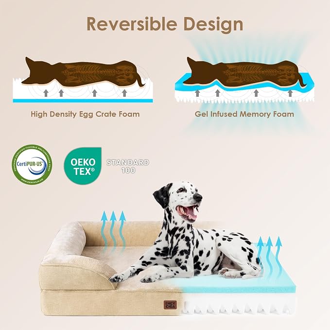 EHEYCIGA Orthopedic Dog Beds Large Sized Dog, Waterproof Washable Pet Bed | Non-Slip Bottom and Egg-Crate Memory Foam XL Dog Couch Bed with Washable Removable Cover, Greige