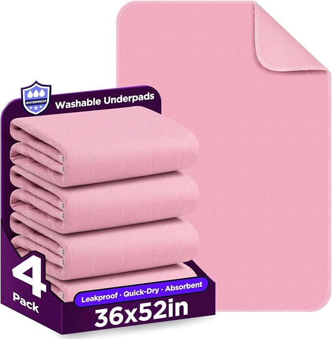 Washable Bed Pads 36" x 52" - 4 Pack, Pink, Waterproof Bed Pads for Incontinence, Bed Wetting Pads for Bed, Sofa, Floor, Resuable Underpads for Adults, Seniors, Pet