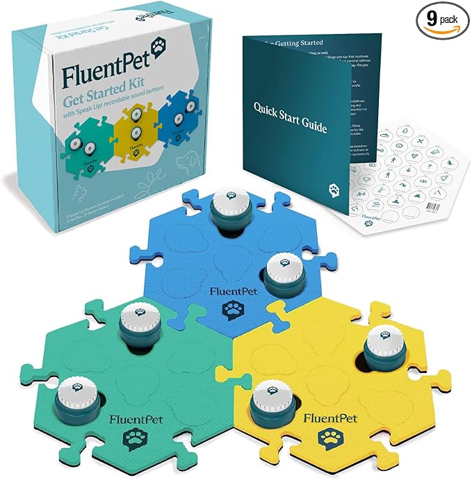 Speak Up! Get Started Kit with Clearer Upward-Facing Sound | 6 Recordable Buttons w/Pre-Installed Batteries & 3 HexTile Button Mats | Training Dog & Cat Communication Buttons