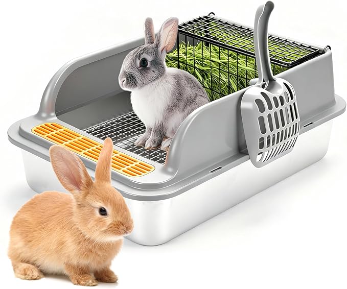 Stainless Steel Rabbit Litter Box w Hay Feeder and Litter Scoop, 19.7 x 13.8 x 7.9 Inch Large Litterboxes w Raised Grid, High Sided Kiter Box for Bunny, Guinea Pig, Ferret, Small Snimal, Hamster