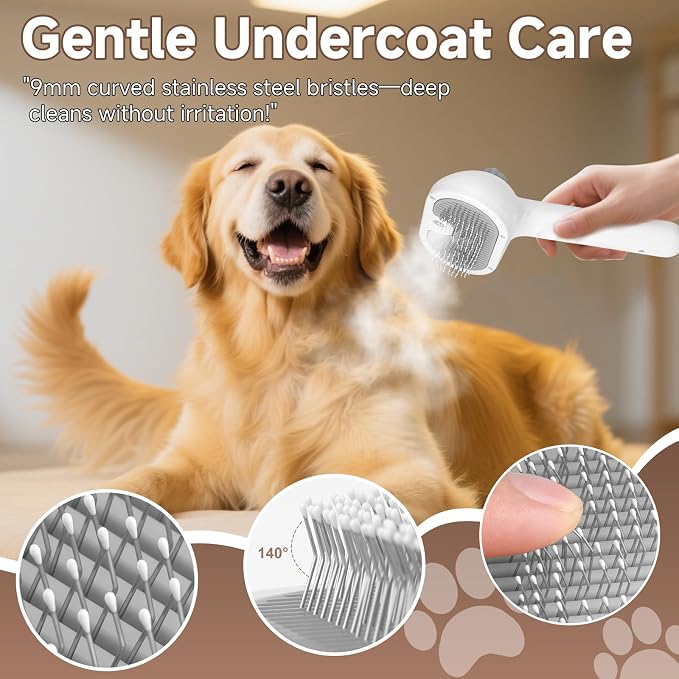 Pet Steam Brush for Dog & Cat - 3-in-1 Steam Grooming Brush for Shedding & Hair Removal - Self Cleaning Spray Comb with Mist for Long Haired Pets, Grey
