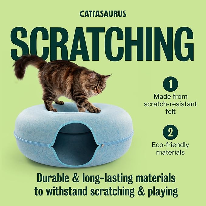 Peekaboo Cat Cave Donut for Multiple & Large Cats up to 30-45 lbs, 3-in-1 Self Warming Cat Bed, Tunnel & Scratcher for Indoor Cats, Washable & Detachable Small Dog Bed (Blue, Jumbo)