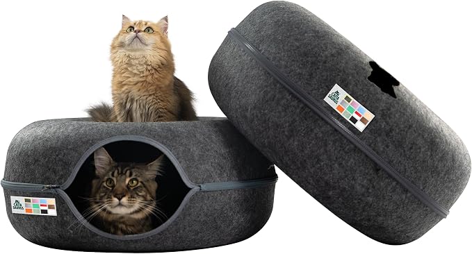 Peekaboo Cat Cave Donut for Multiple & Large Cats up to 30-45 lbs, 3-in-1 Self Warming Cat Bed, Tunnel & Scratcher for Indoor Cats, Washable & Detachable (Dark Gray + Dark Gray, Large)