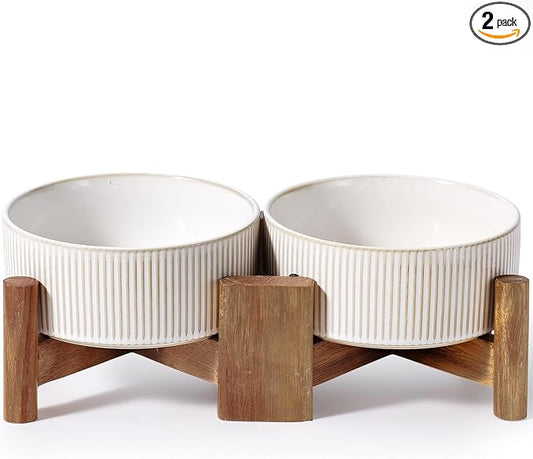 Getstar Ceramic Dog Bowls Set with Acacia Wood Stand, 3.5 Cups Pet Bowls Set of 2 for Medium Dogs, Cute Dog Raised Food Bowl, Cat Bowls