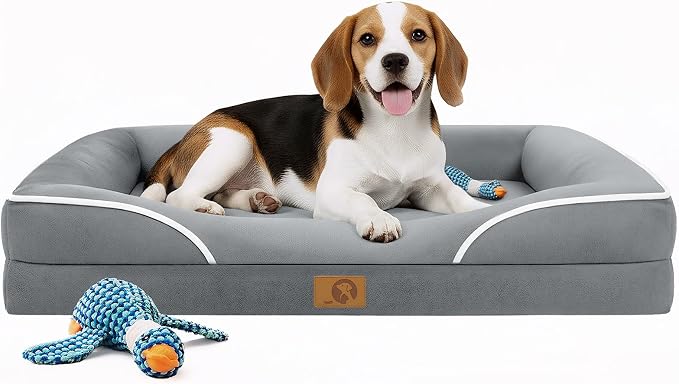 Homemate Dog Bed Medium Sized Dog: 28"x23" Orthopedic Pet Bed with Toy | Large Dogs Bed with Non-Slip Botton & Removable Washable Cover Cat Bed Sofa M Outdoor Crate Pad Couch Light Grey