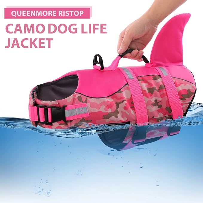 Dog Life Jacket Ripstop Dog Shark Safety Vest Adjustable Preserver with High Buoyancy and Durable Rescue Handle for Small,Medium,Large Dogs, Pink Camouflage X-Large