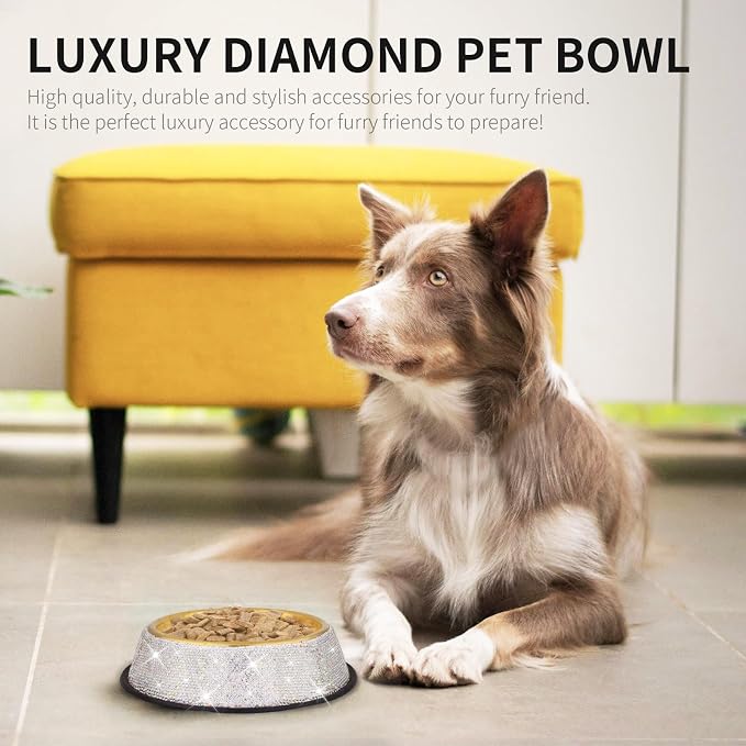Sparkly Full Rhinestones Designed Gold Stainless Steel Pet Bowl - Stylish and Practical Diamond Food Water Dishes Bowls for Small Medium Large Dogs Cats Rabbits
