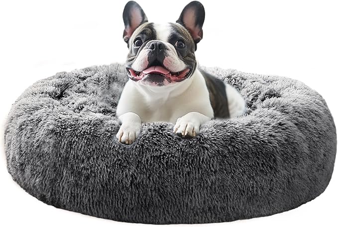 JOLLYVOGUE Calming Dog Beds Large Sized Dog, 36in Donut Washable Large Pet Bed, Anti-Slip & Anti-Anxiety Fluffy Faux Fur Round Dogs Bed, Fits up to 80 lbs Pets (Smoke Black)