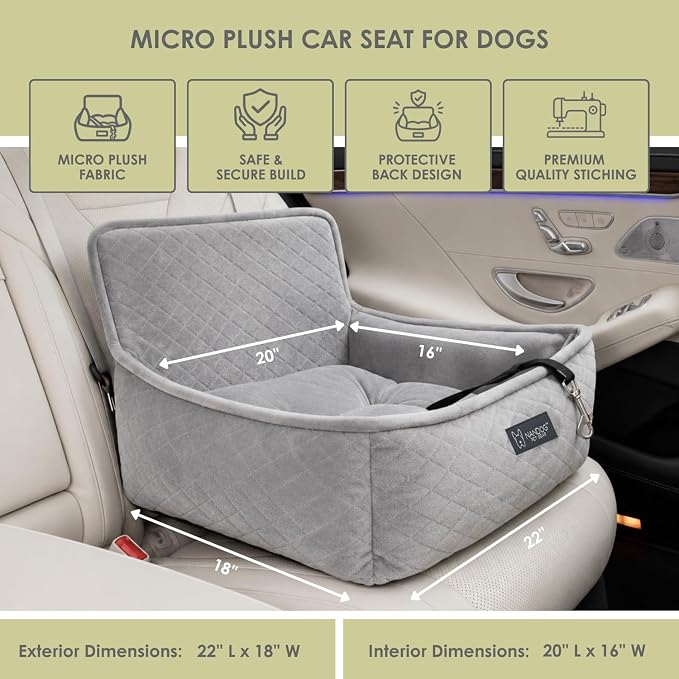 NANDOG Luxury Dog Car Seat Bed for Medium Dogs, Micro Plush Pet Seat with Removable & Washable Cushion Insert, Thick Safety Seatbelt Straps, Secure Travel Carrier, Light Grey, 22" L x 18" W