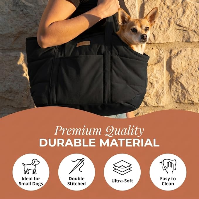 Plush Dog Purse Carrier for Small Dogs, Soft Tote Bag with Safety Harness Clip, Cozy Pet Carrier for Dogs Under 15 lbs, Comfortable Shoulder Carrier for Travel, Black 2.0