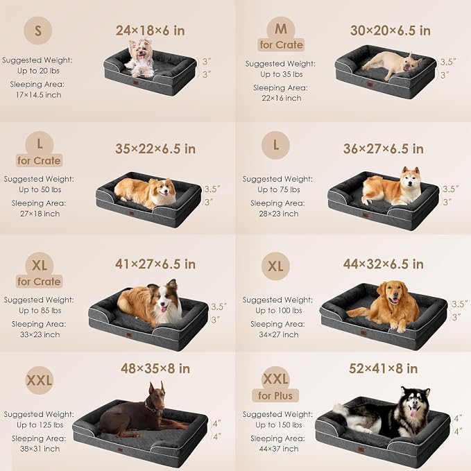 EHEYCIGA Orthopedic Dog Beds Large Sized Dog, Waterproof Washable Pet Bed | Non-Slip Bottom and Egg-Crate Memory Foam Dog Couch Bed with Washable Removable Cover, Dark Grey