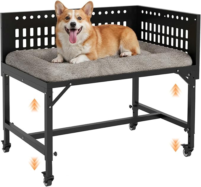 Beside Dog Bed,2 Panels Adjustable Height Dog Bunk Beds,35.4”x23.6” Metal Frame & Cushion, Converts to Bunk Bed or Bed Extension Attachment for Human Bed, for Medium Dogs