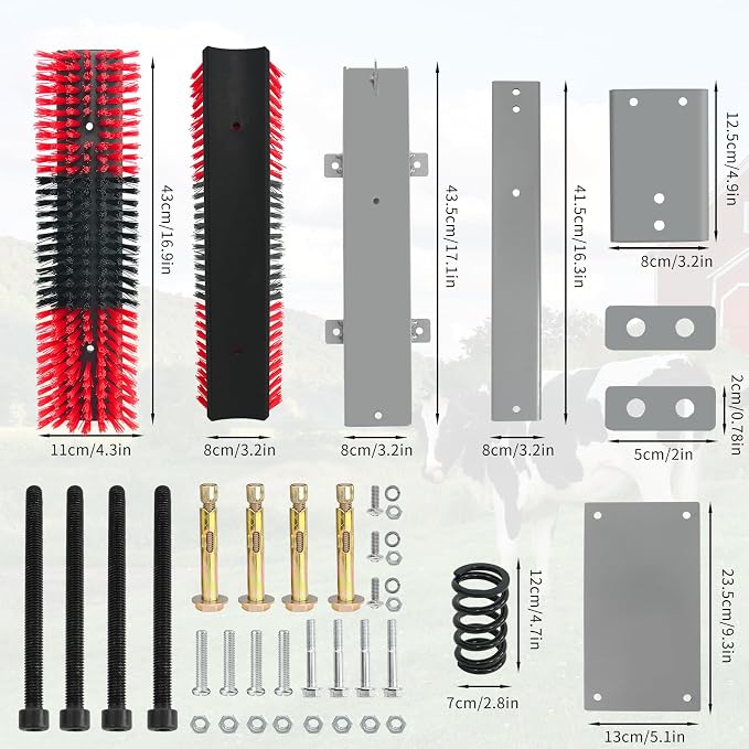 Livestock Scratch Brush With Spring Iron Holder，Animal Back Scratching Brush Including 4pcs goat brushes, 4 stands and accessories For Cow,Cattle,Sheep, Horses,Pigs，Massage Grooming Tool（Red）