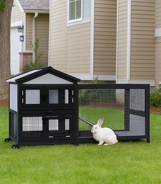 Rabbit Hutch 58" Rabbit Cage Outdoor&Indoor 2-Story Chicken Coop Guinea Pig Cage on Wheels Bunny Cage with 3 Deep No Leakage Pull Out Tray,Waterproof Roof (Black)