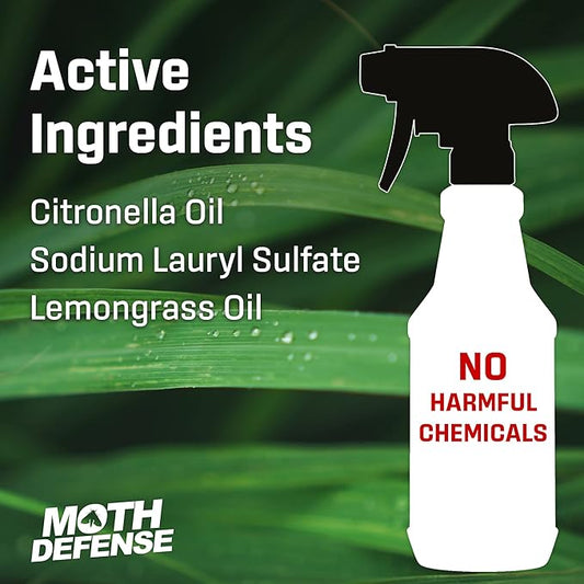 Exterminators Choice Moth Defense Spray - 32 Fl Oz - Natural Lemongrass & Citronella Formula - Animal Safe Moth Spray for Indoor & Outdoor Yard - Anti-Clothing & Fabric Treatment