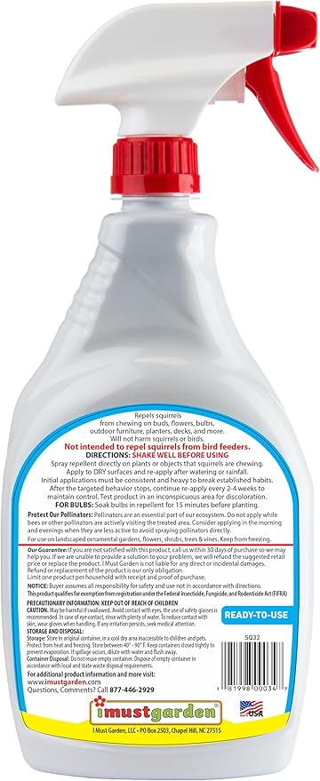 Répulsif anti-écureuils I Must Garden : Protège véhicules, plantes, terrasses et meubles – Efficace contre les tamias – Flacon prêt à l'emploi de 946 ml