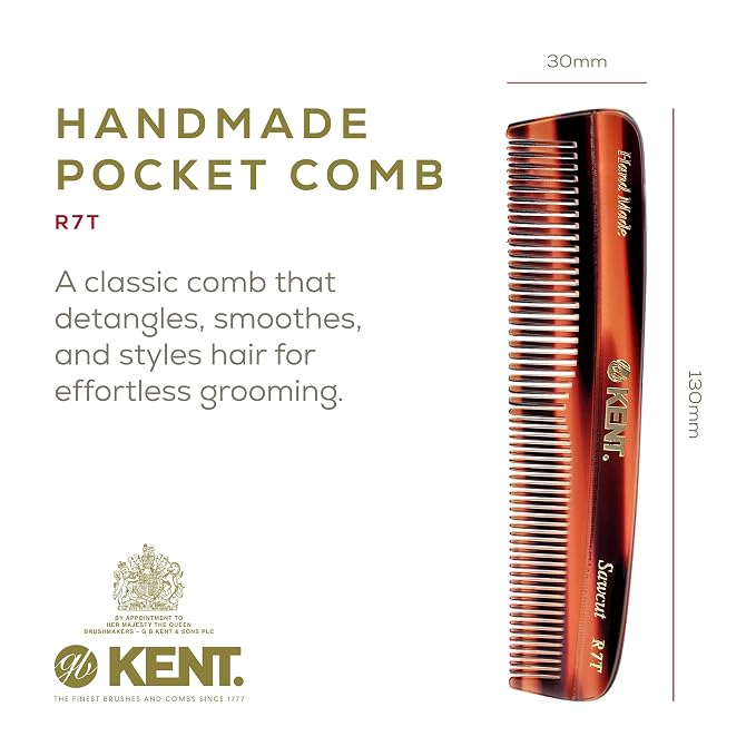Kent R7T Double Tooth Pocket Comb, Small/Wide Grooming Comb for Hair, Beard, Mustache, and All Ages - Coarse/Fine Saw Cut, Hand Polished. Handmade in England