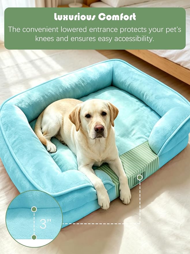 Spotted Play Orthopedic Dog Bed with Sides - Sofa Beds for Extra Large Dogs, Supportive Foam Pet Couch Bed with Washable Removable Cover, Waterproof Lining and Non-Slip Bottom, Ice Blue - XL