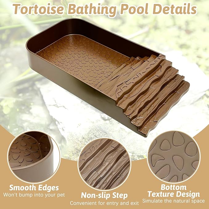 PINVNBY Reptile Bathing Pool Plastic Tortoise Food Dish with Ramp Leaf Reptile Food Dish & Water Bowl Tortoise Habitat Accessories for Frog Lizard Box Turtle (Brown)
