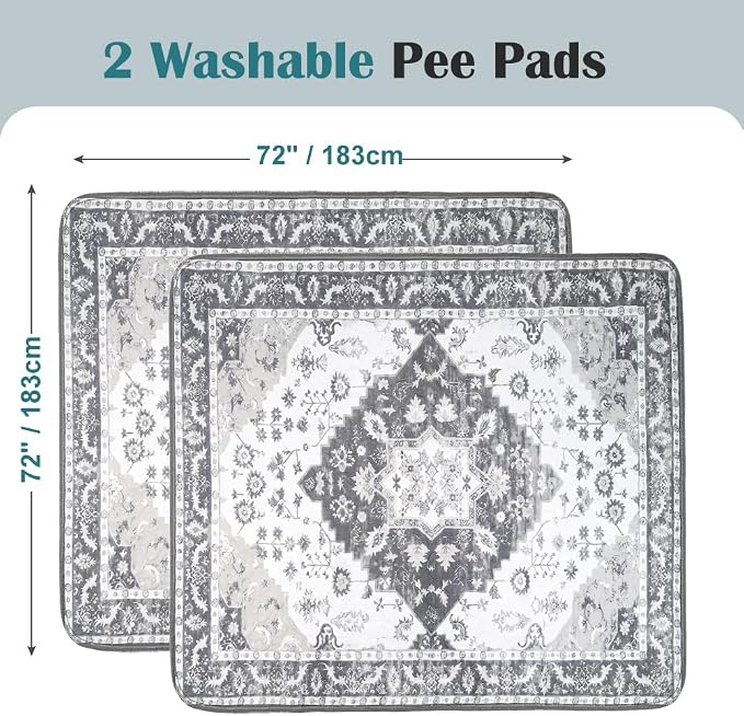 Washable Pee Pads for Dogs, 2 Pack Reusable Puppy Training Pads 72"x72" Super Absorbent Waterproof Dog Training Pads, Non-Slip Potty Pads, Whelping Pads Litter Mat Light Grey Medallion