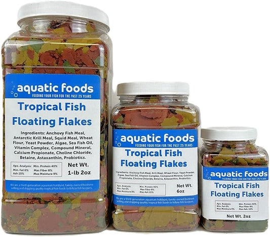 Aquatic Foods Inc. Tropical Fish Flakes, Mix of Krill, Color Enhancing, Spirulina Flakes for Cichlids, Angels, Live Bearers, Tetras, Guppies, All Tropical Fish...WL 1-lb 2oz Lg Jar