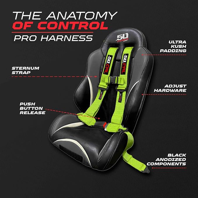 1pc 50 Cal Fluorescent Green 4 Point Harness 2in, Racing Harness Seat Belt | Ultra Kush padding, Push Button quick release hardware. Universal Fit for UTV, RZR, race car