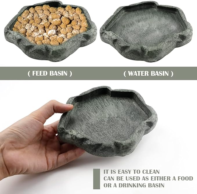AYNEFY Reptile Food Water Rock Bowls,Resin Reptile Feeder Lizard Feeding Dish Amphibian Feeder Bowl Terrarium Decor for Bearded Dragons Leopard Gecko Frog Snake(Emerald