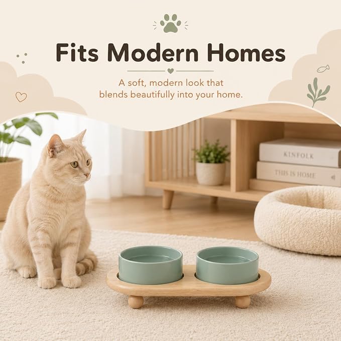 Havniva Raised Cat Bowl 5.1” Elevated Ceramic Cat Food and Water Bowl Set | Cat Bowls Elevated, Whisker Friendly Cat Bowl, Non-Slip Wood Stand, Food-Grade Ceramic, Wide Opening, Dishwasher Safe