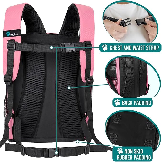 PetAmi Dog Backpack Carrier for Small Medium Dogs Large Cats up to 18 lbs, 2 Side Entry, Structured No-Collapse Frame, Airline Approved Ventilated Pet Backpack for Hiking Camping Travel Vet, Pink