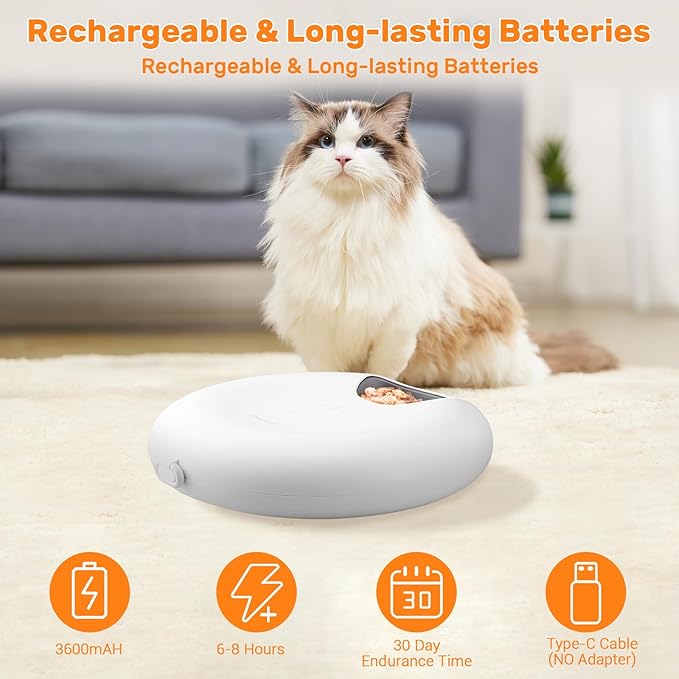 Automatic Cat Feeder for Wet Food, 6 Meals Cat Food Dispenser with 2 Ice Packs, Programmable Timer, Rechargeable Cordless Auto Pet Feeder for Cats Small Dogs- BPA-Free Food Tray
